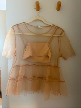 Zara Sheer Ruffle Peplum Top with Matching Camisole - Tan